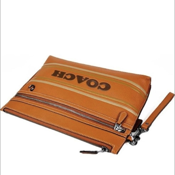 Coach Carry-All Large Pouch CH069 In Tan Coach Stripe Pebbled Leather - Picture 2 of 9